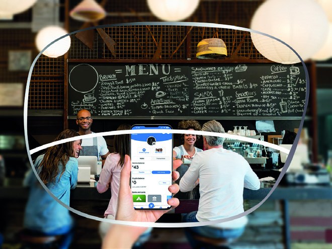 View through an aura Enhance lens of a café menu and a phone screen
