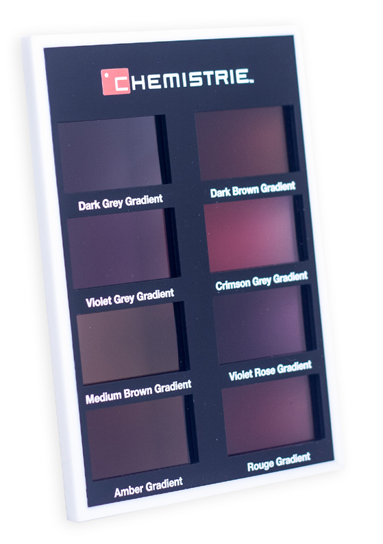 Chemistrie sample sheet holding eight gradient sun lens colors.