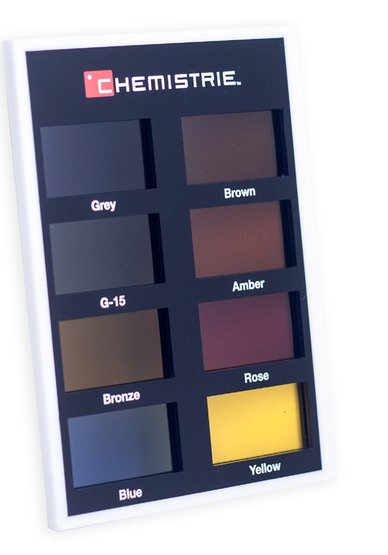 Chemistrie sample sheet holding eight solid sun lens colors.