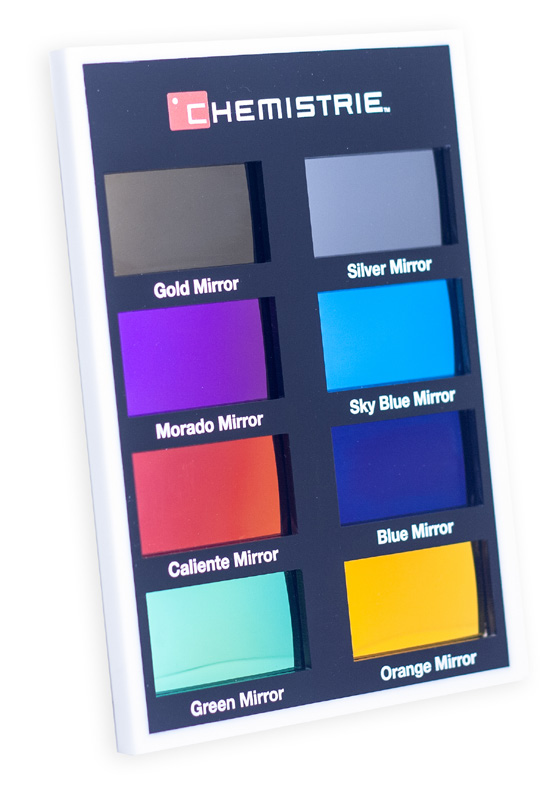 Chemistrie sample sheet holding eight mirror sun lens colors.